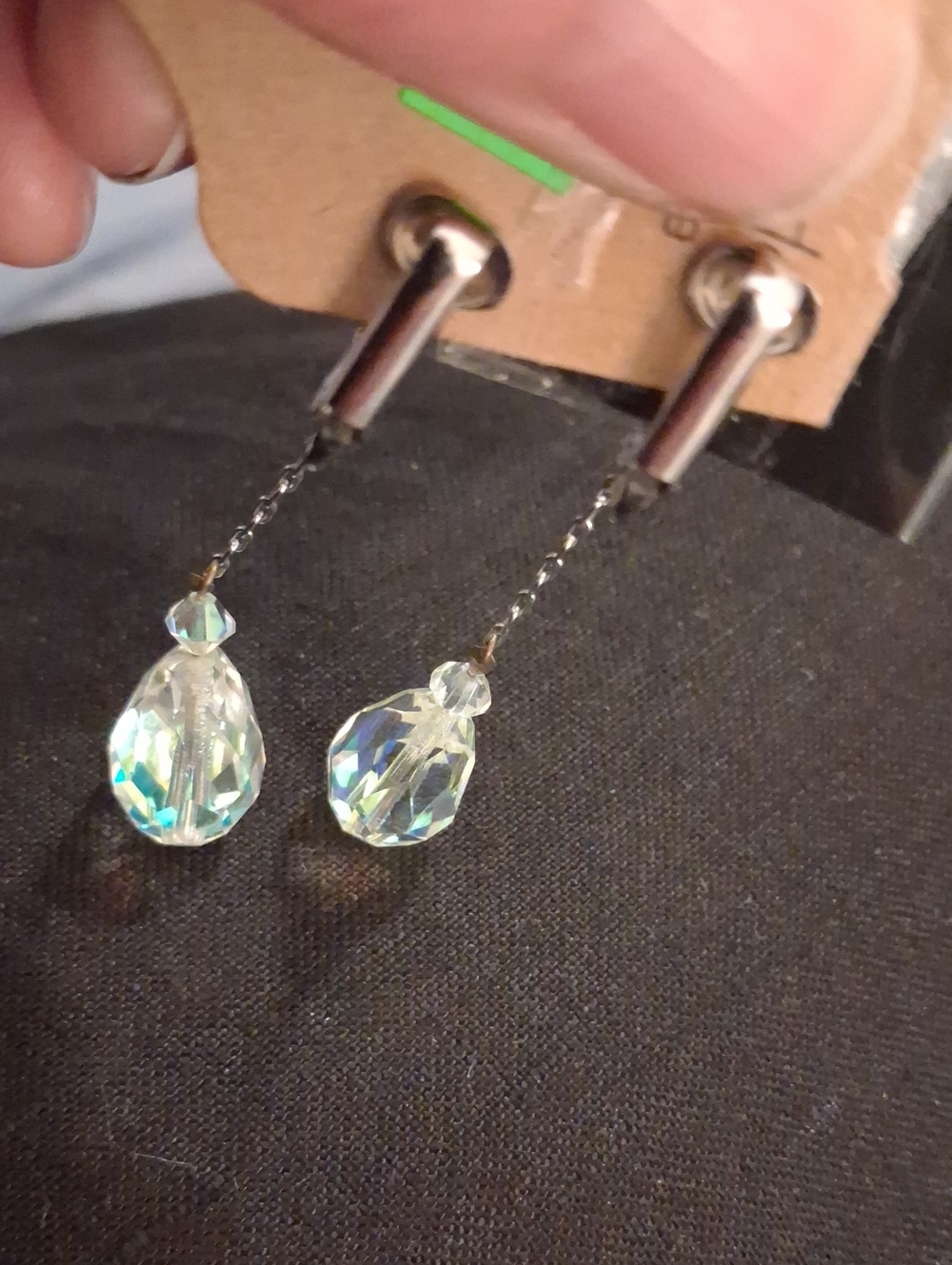 Vintage Clip Silver Crystal Dangle Earrings in Iridescent Clear - Picture 6 of 9